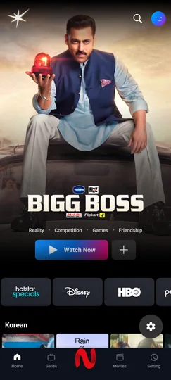 Hotstar section featuring Bigg Boss and Korean content