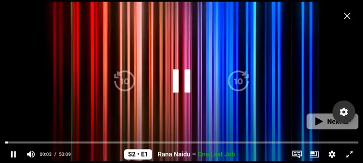 NetMirror video player playing Rana Naidu — One Last Job in landscape mode
