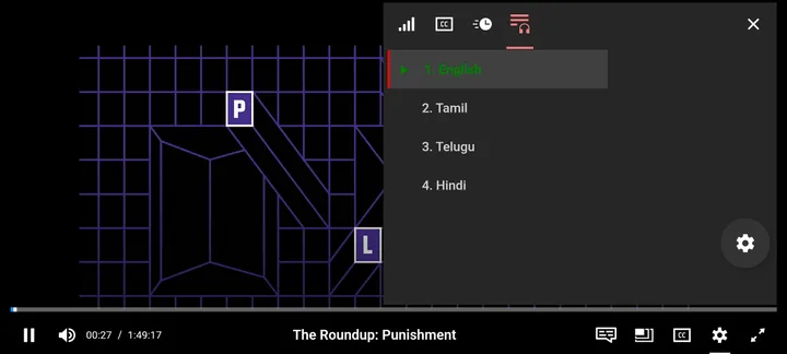 Audio language menu showing English, Tamil, Telugu, Hindi options