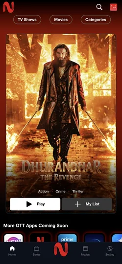 NetMirror running on iPhone via DODO Webview — home screen with Dhurandhar movie banner