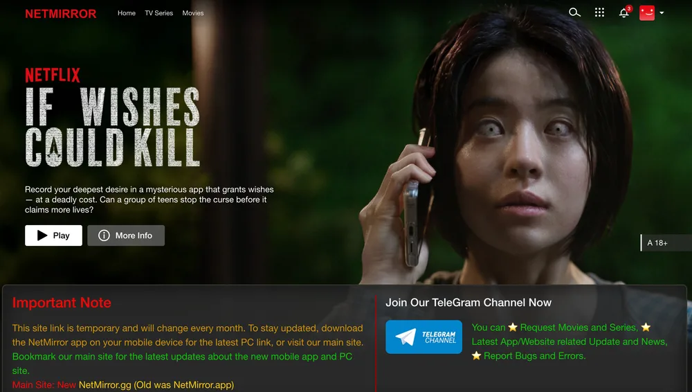 NetMirror PC homepage with Netflix If Wishes Could Kill featured banner