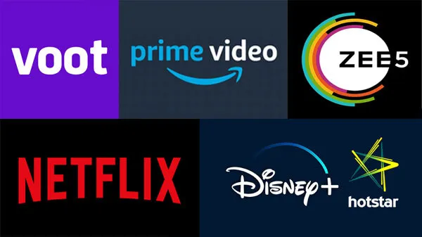 OTT platform logos: Voot, Prime Video, ZEE5, Netflix, Disney+ Hotstar