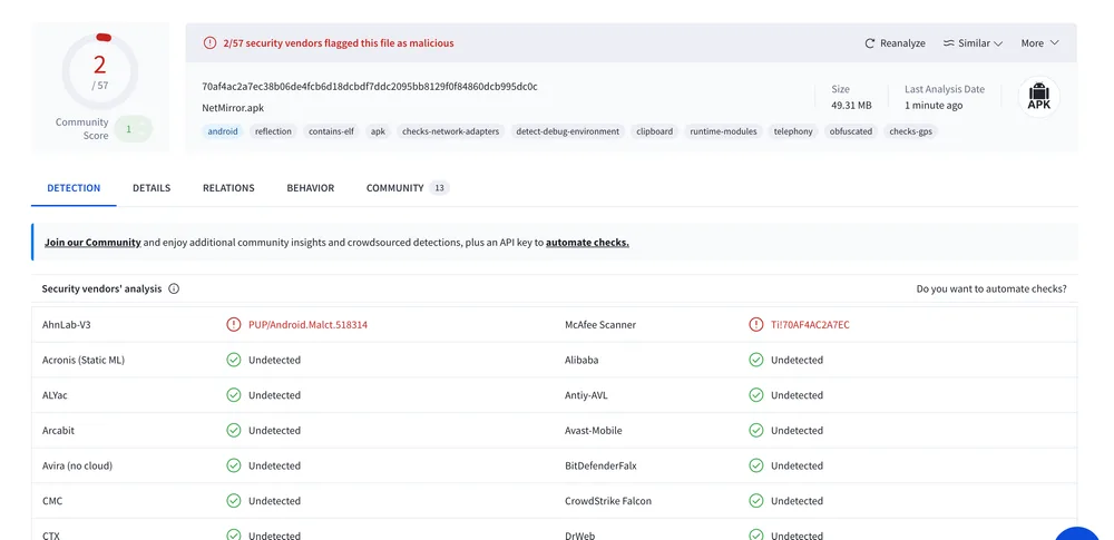 VirusTotal vendor detail showing AhnLab and McAfee classifications as PUP